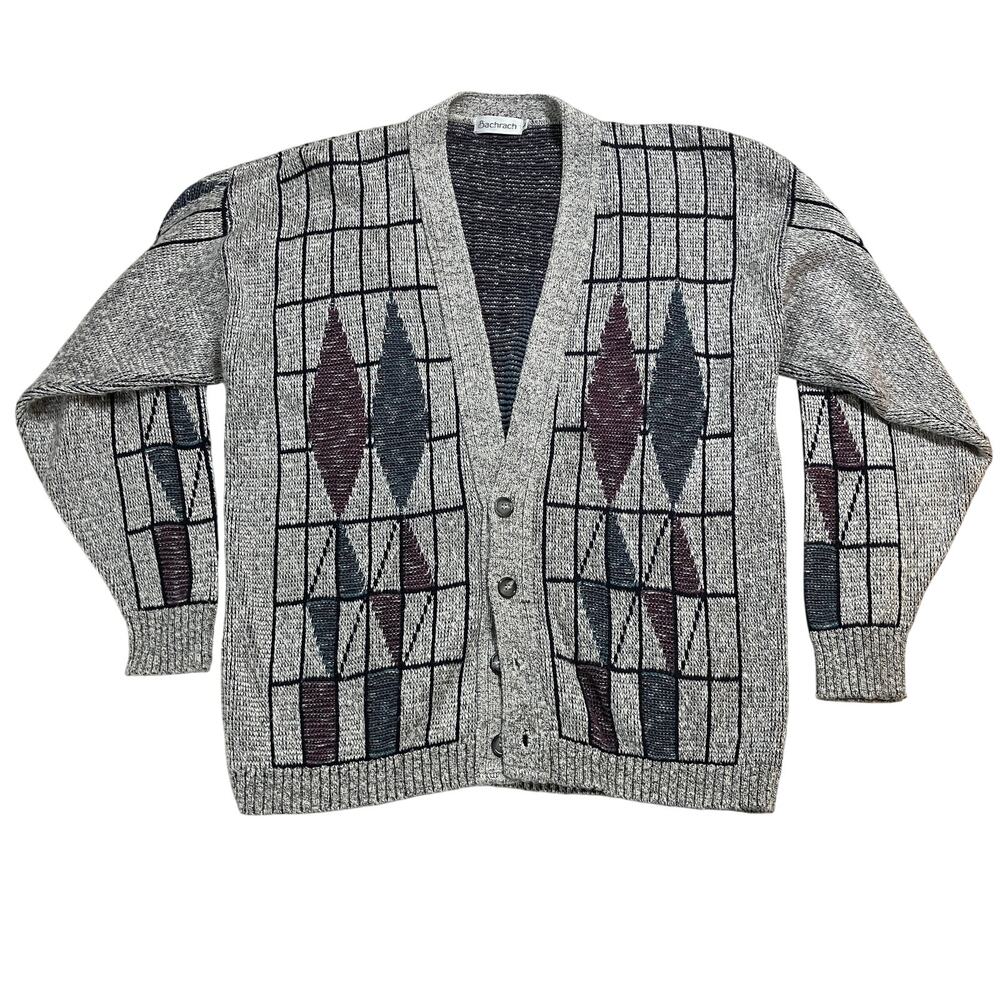 Vintage 1990s Cardigan Sweater Mens Large Gray Geometric Button Front Bachrach